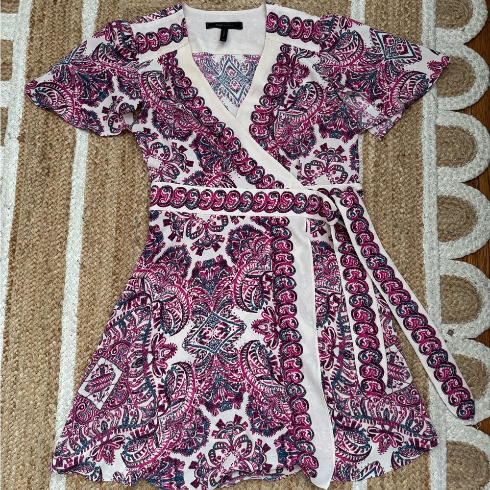 BCBGMAXAZRIA Womens Kylie Short Flutter Sleeve Woven Wrap Dress